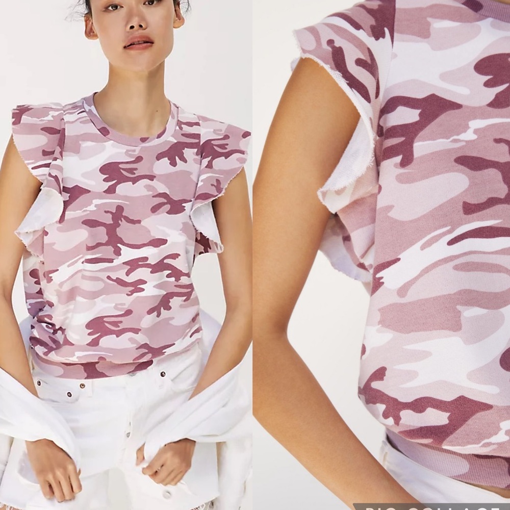 NWT: Anthropologie T.La Sleeveless Ruffle Sweatshirt Tee Pink Camo Womens XS Top